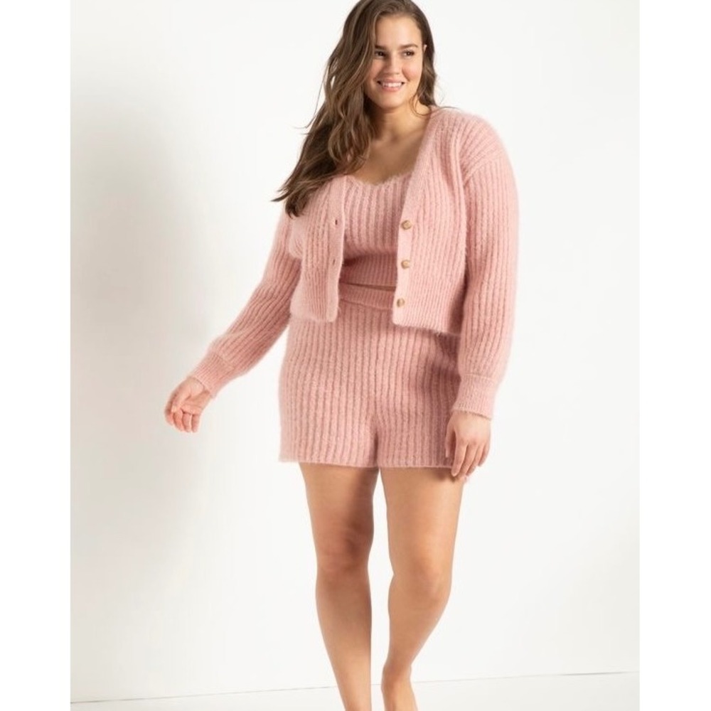 Eloquii Pink Eyelash Knit 3 Piece Loungewear Set Cardigan Cami Shorts 18/20